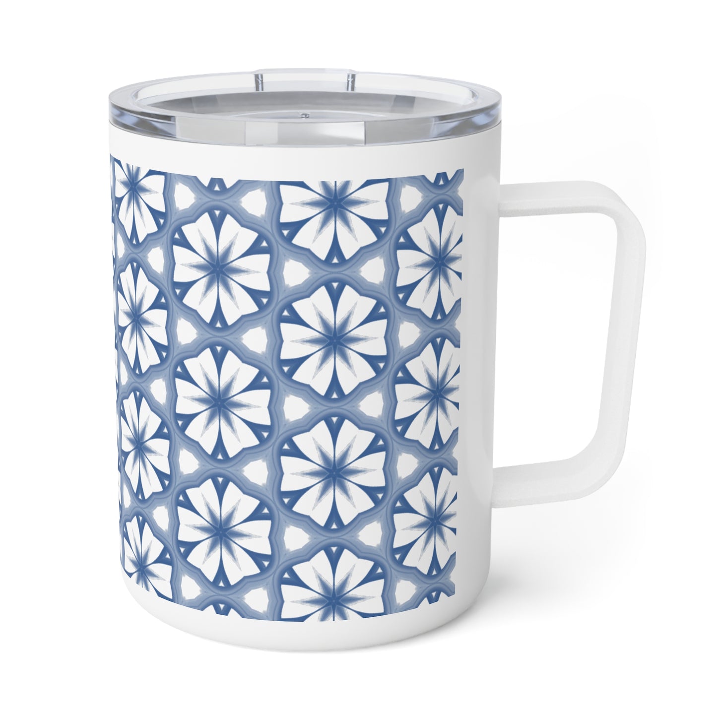 Blue Floral Tile Insulated Coffee Mug — 10oz Travel Tumbler