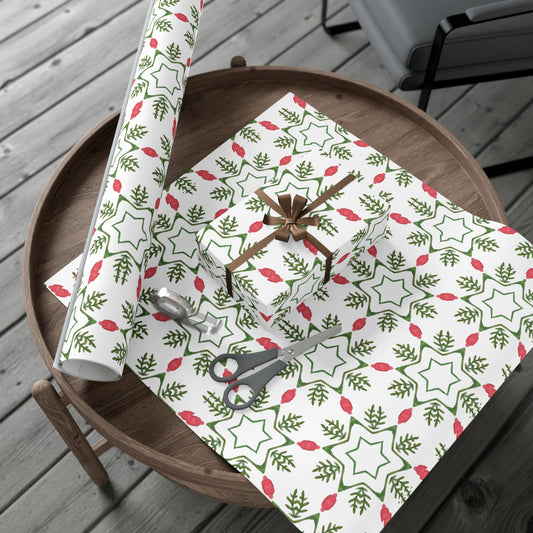 Holiday Gift Wrap Paper Roll — Green Star & Berry Pattern