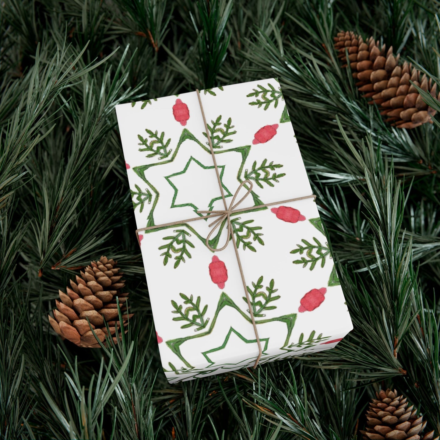 Holiday Gift Wrap Paper Roll — Green Star & Berry Pattern