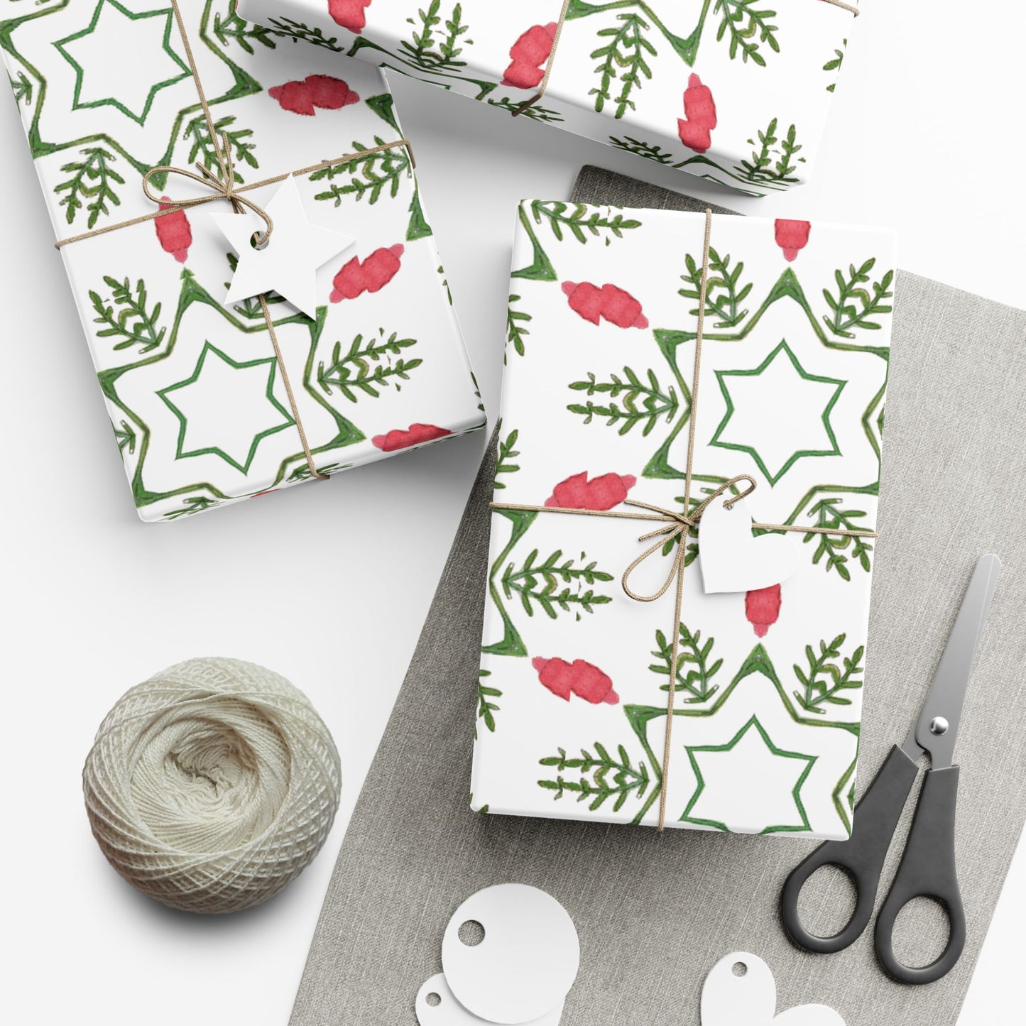 Holiday Gift Wrap Paper Roll — Green Star & Berry Pattern