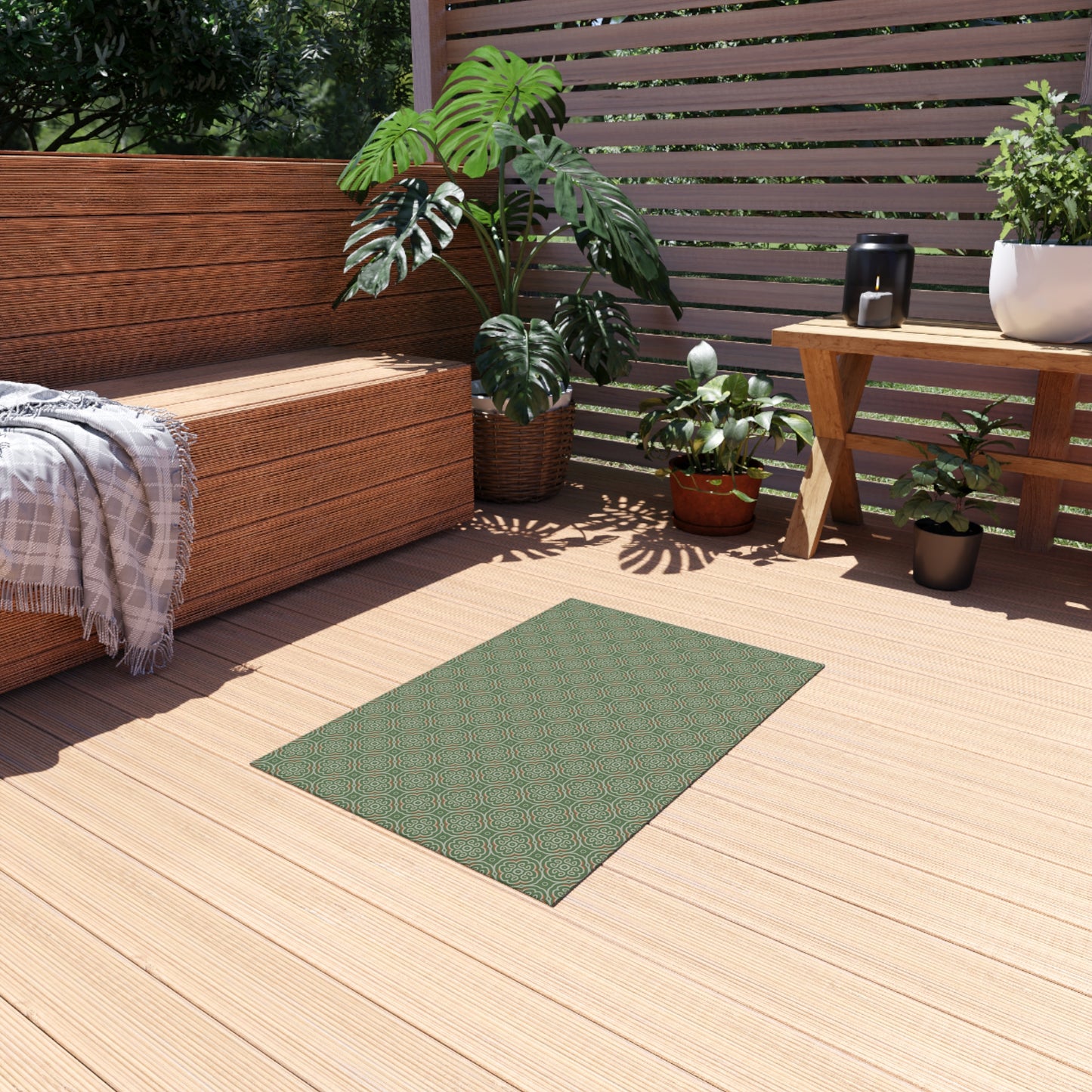 Geometric Green Outdoor Rug — Modern Patio Mat for Porch, Deck & Garden