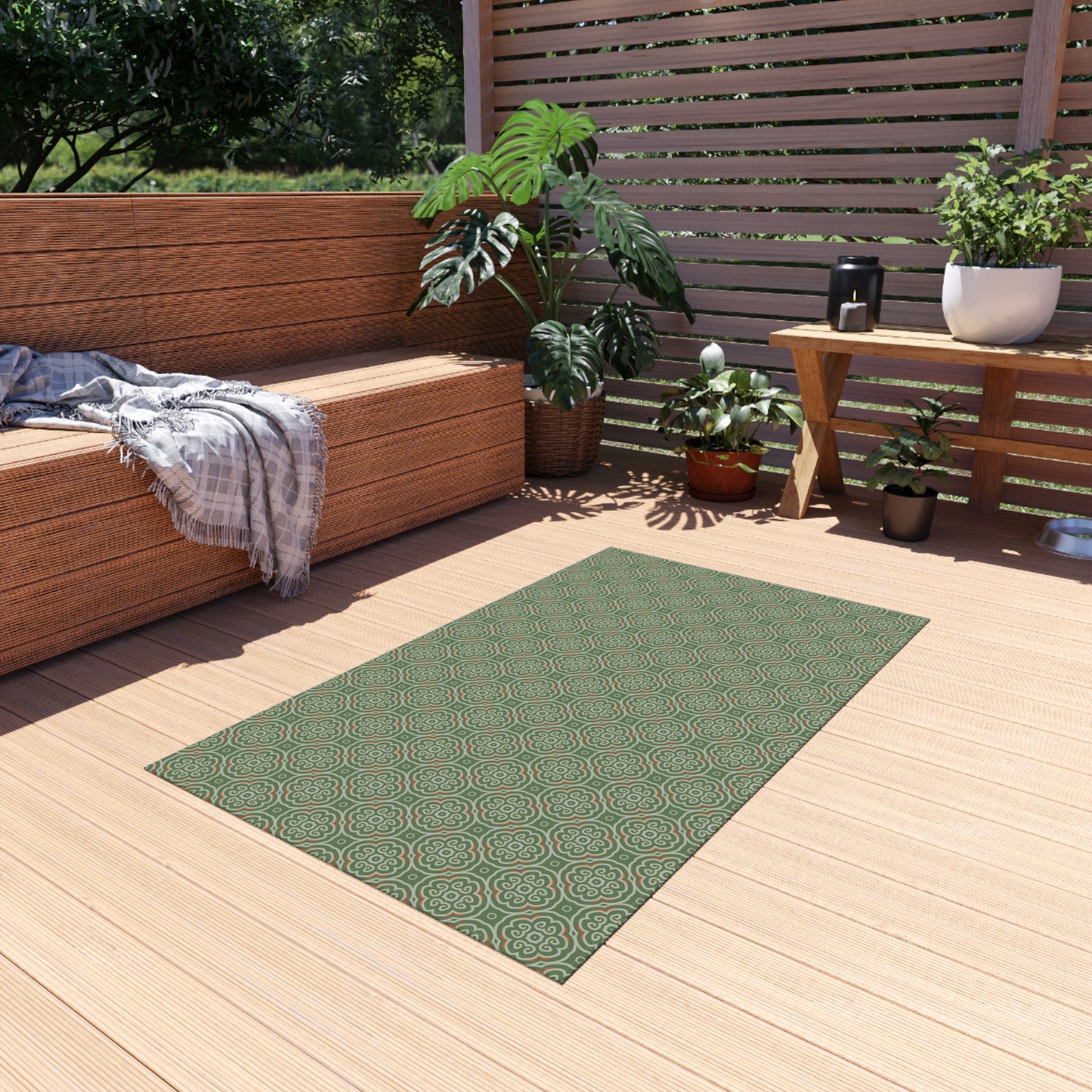 Geometric Green Outdoor Rug — Modern Patio Mat for Porch, Deck & Garden