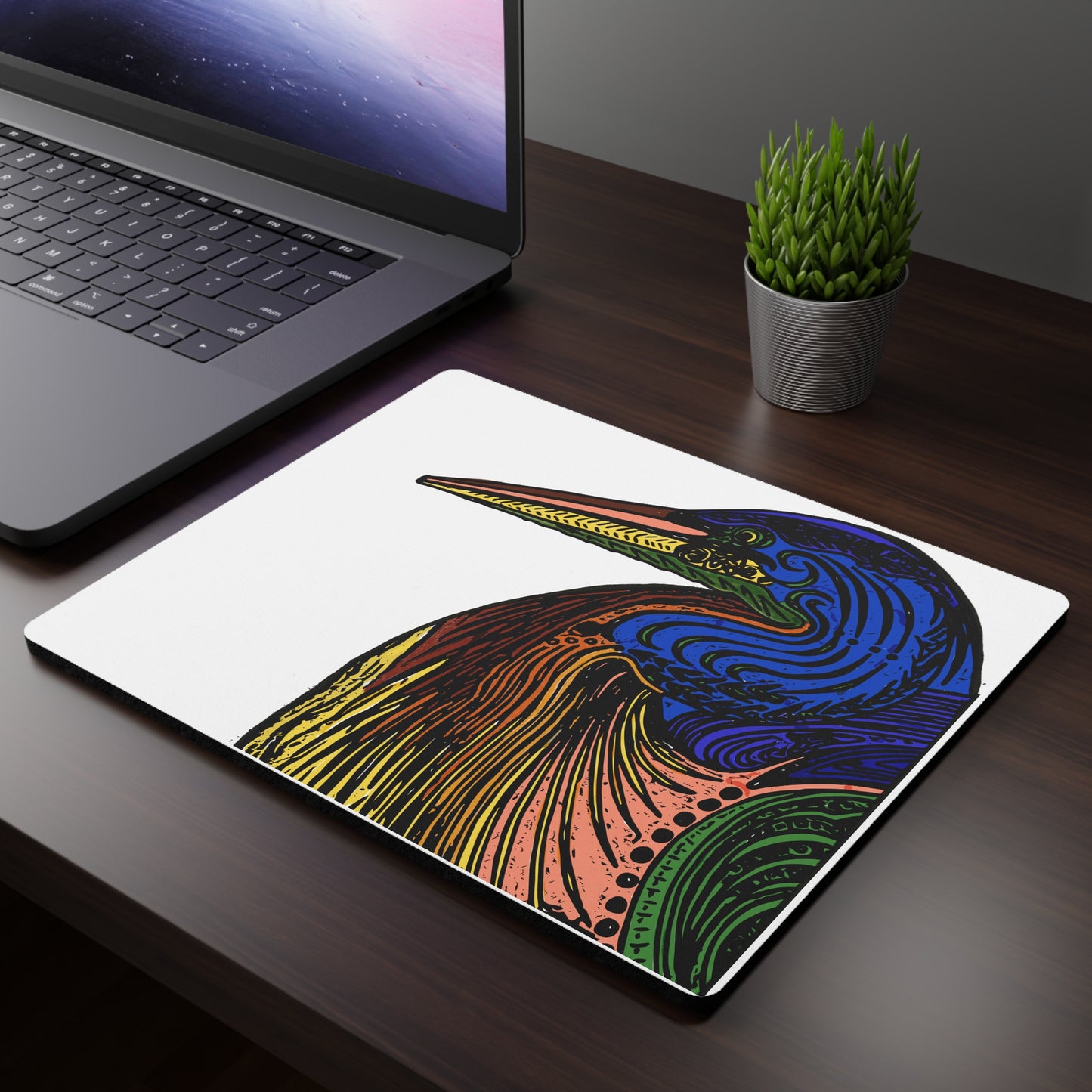 Colorful Heron Art Mouse Pad — Vibrant Bird Rectangle Mousepad for Desk