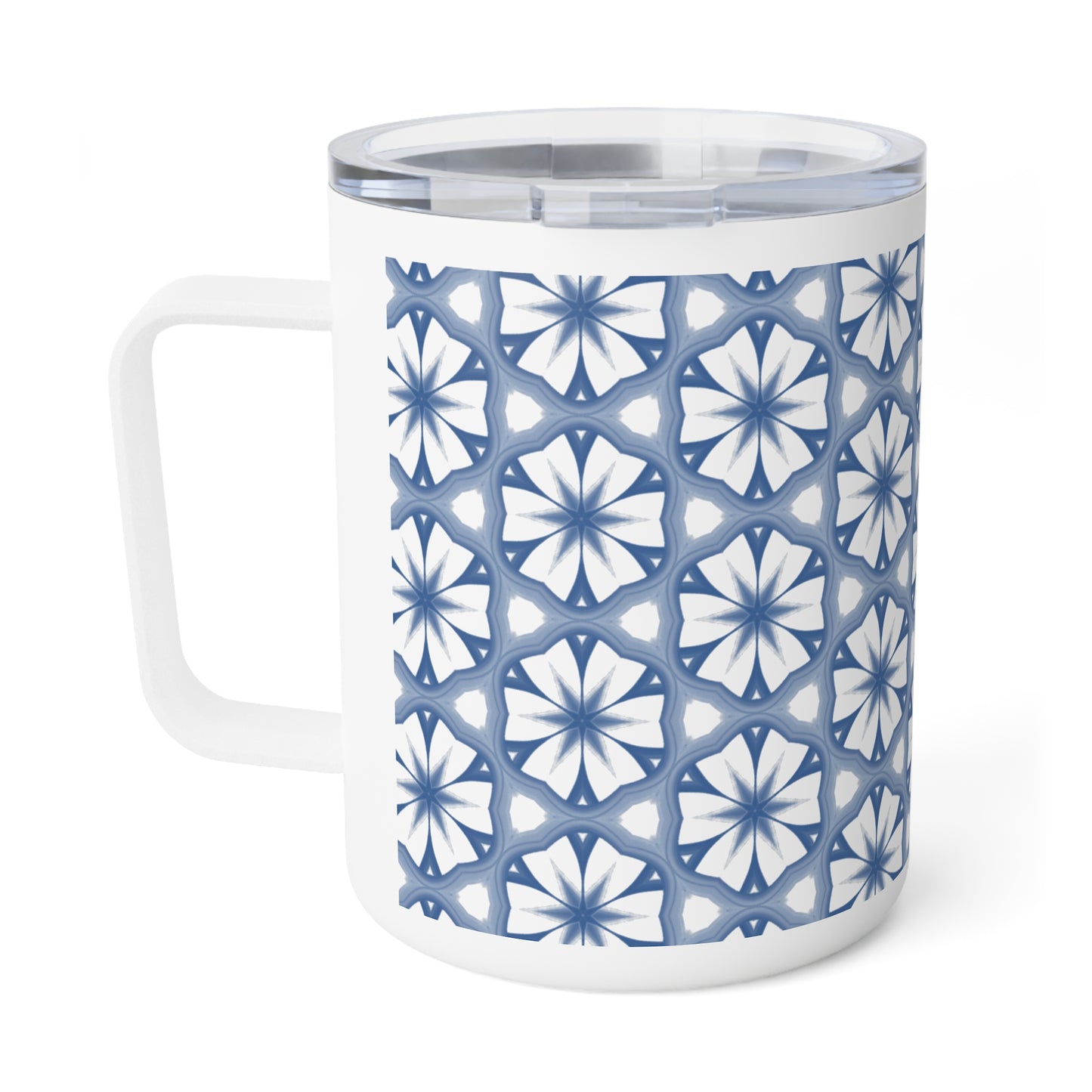 Blue Floral Tile Insulated Coffee Mug — 10oz Travel Tumbler